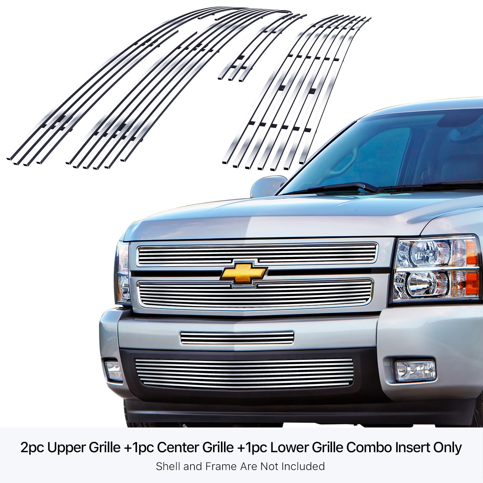 APS Premium 304 Stainless Steel Chrome Horizontal Billet Grille Grill Insert Combo Compatible with Chevy Silverado 1500 2007 2008 2009 2010 2011 2012 2013 Main Upper Top Lower Bumper N19-S33116C - Image 3